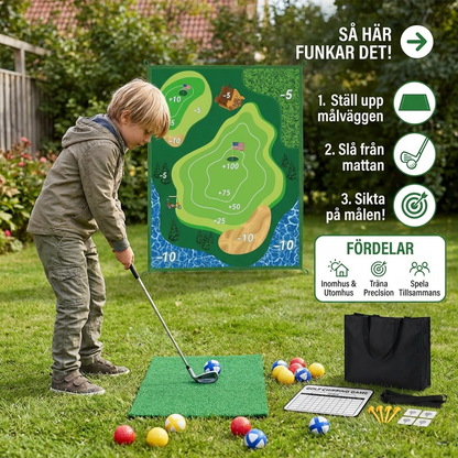 2i1 Golf Tränings- och Lekset – Inomhus- och Utomhus Svingmatta med Målvägg och Klubb