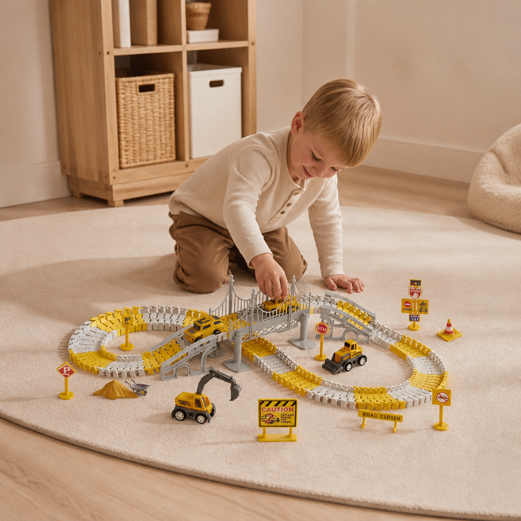 Byggfordon-racerbana med bro, fordon och trafikskyltar