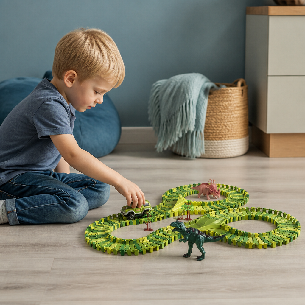 215-delars dinosaurieracerbana med motordrivna bilar, bro och dinosauriefigurer