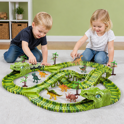 215-delars dinosaurieracerbana med motordrivna bilar, bro och dinosauriefigurer