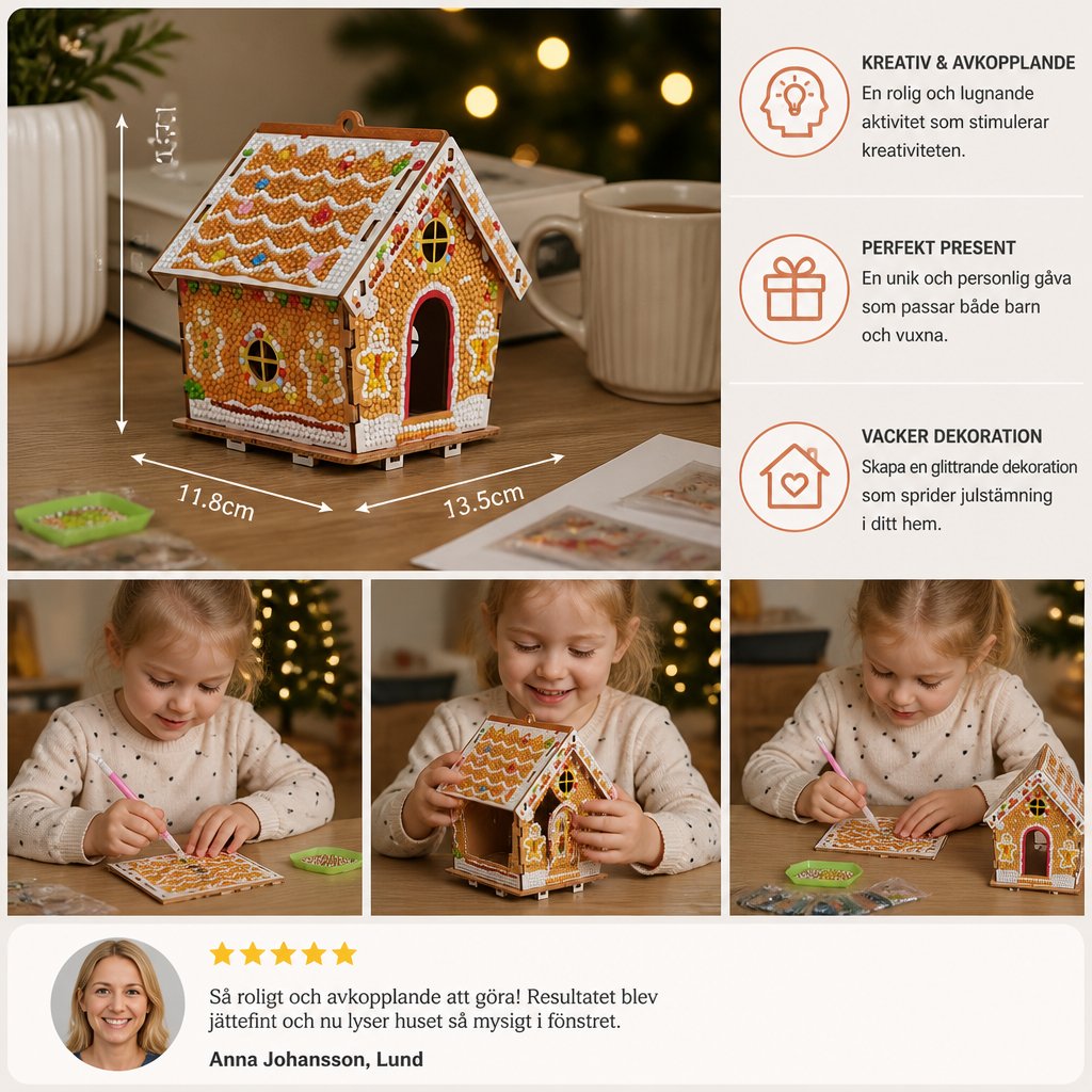 DIY 3D-pussel i trä – Pepparkakshus med Diamond Art-kit