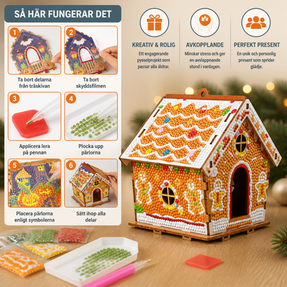 DIY 3D-pussel i trä – Pepparkakshus med Diamond Art-kit