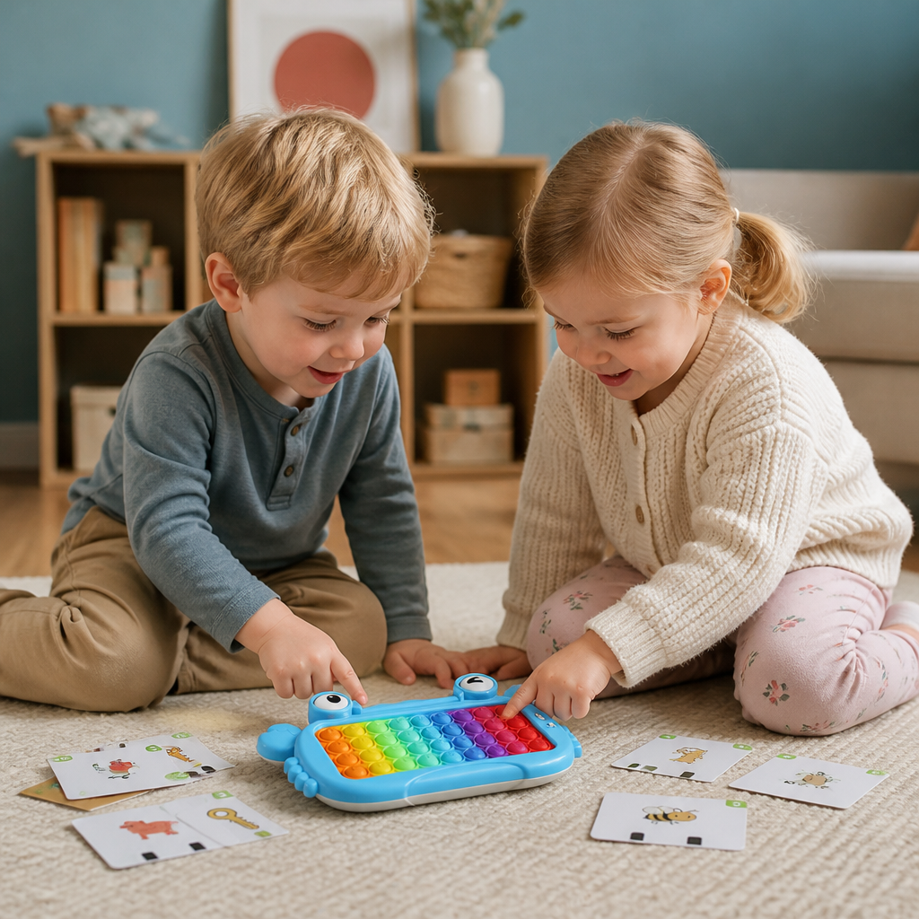 Interaktiv lärplatta med talande bildkort, Pop-It-tangentbord och spel för stavning och fonetik