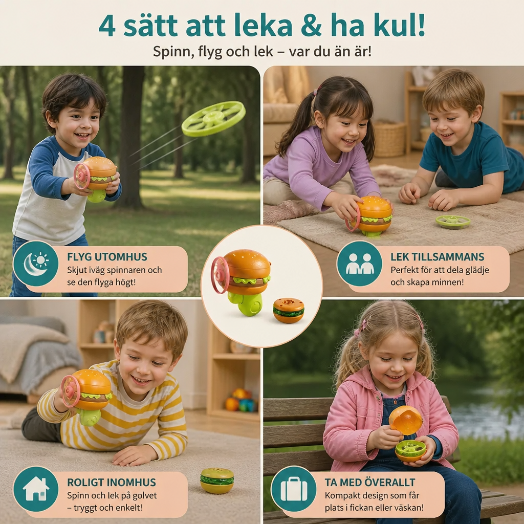 Barnleksak 2-i-1 – Snurrande topp och flygande spinner med avfyrningsmekanism