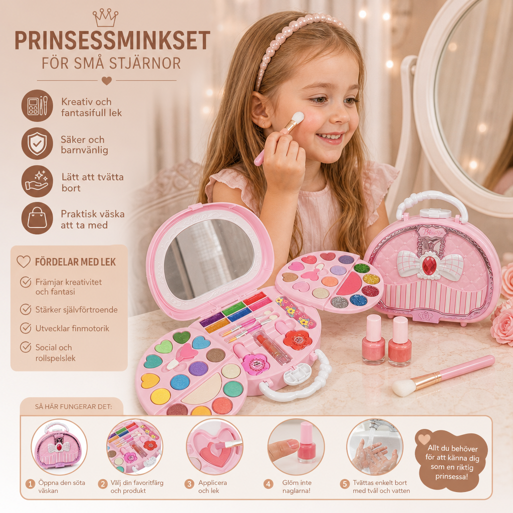 Tvättbart prinsessminkset för barn med nagellack och förvaringslåda