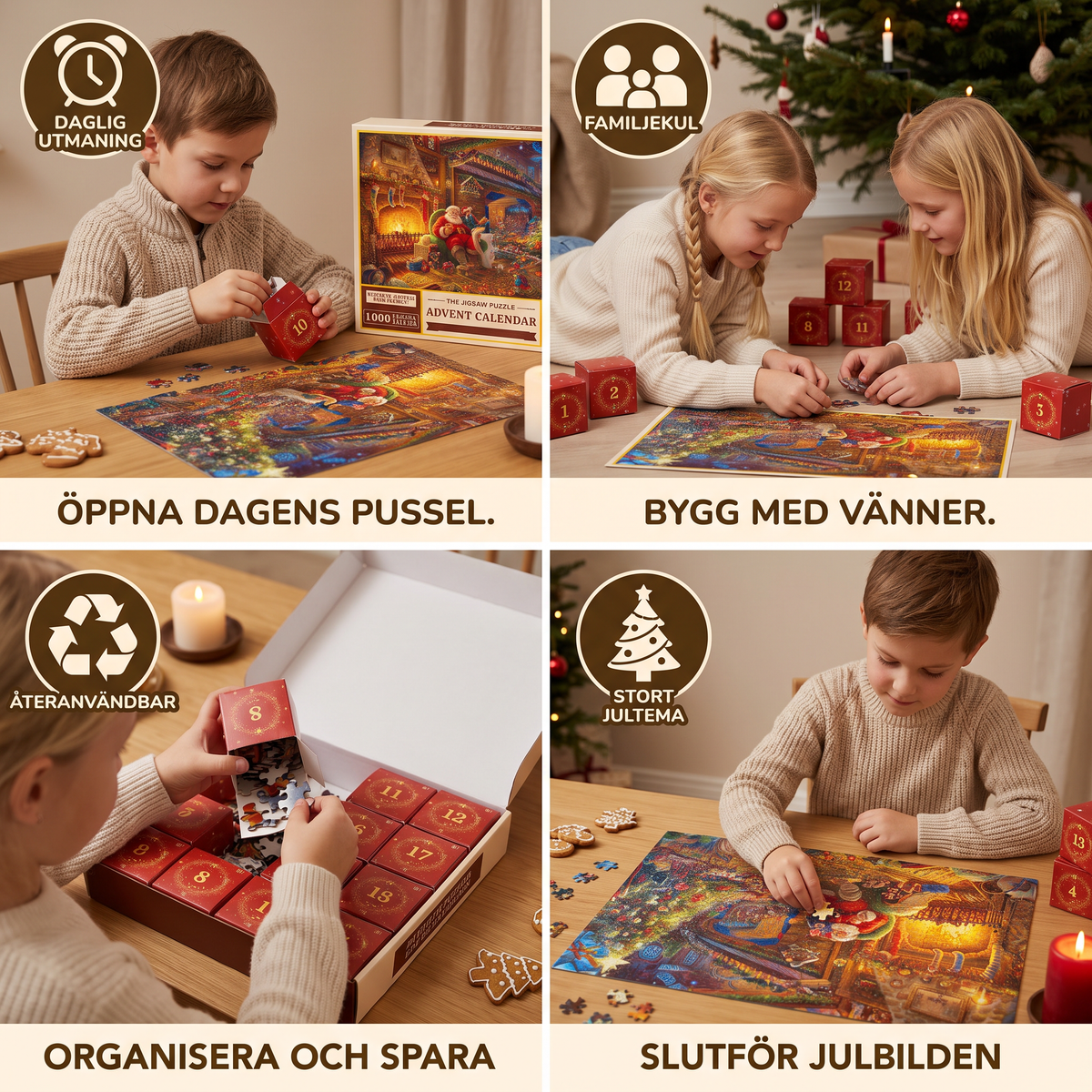 Julpussel Adventskalender med Julmotiv – 1008 Delar, 24-Dagars Nedräkning