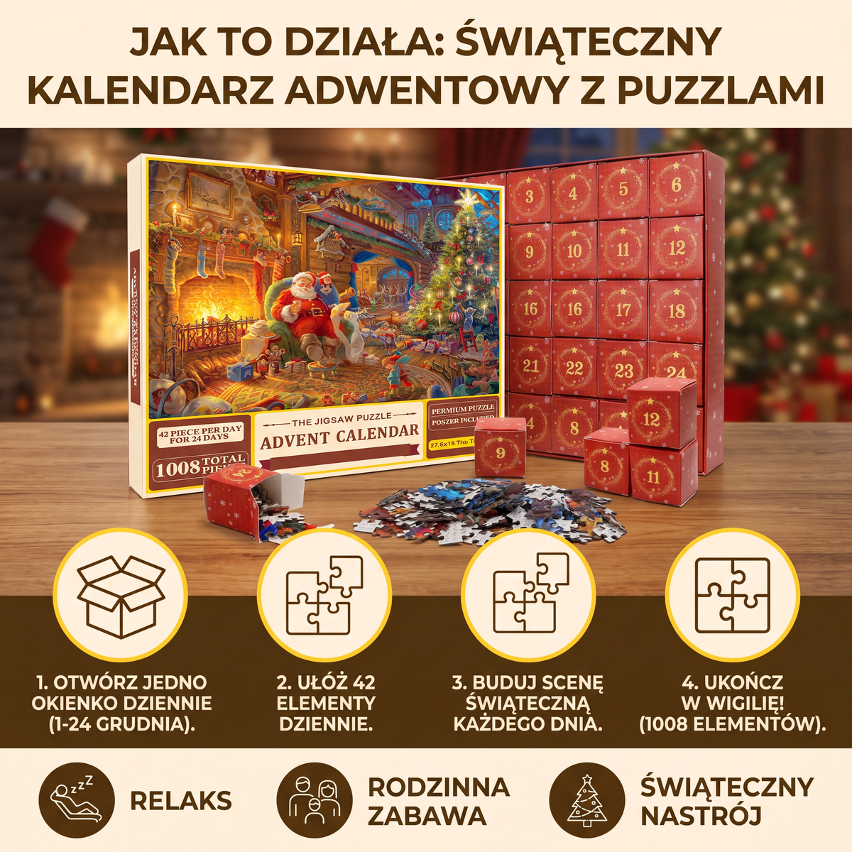 Julpussel Adventskalender med Julmotiv – 1008 Delar, 24-Dagars Nedräkning