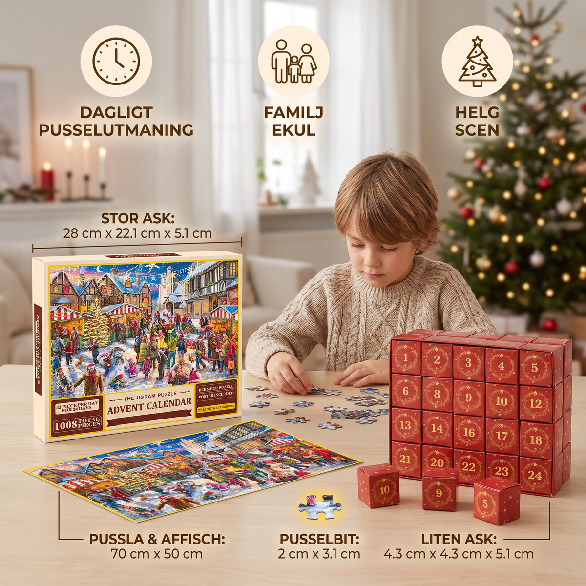 Julpussel Adventskalender med Julmotiv – 1008 Delar, 24-Dagars Nedräkning