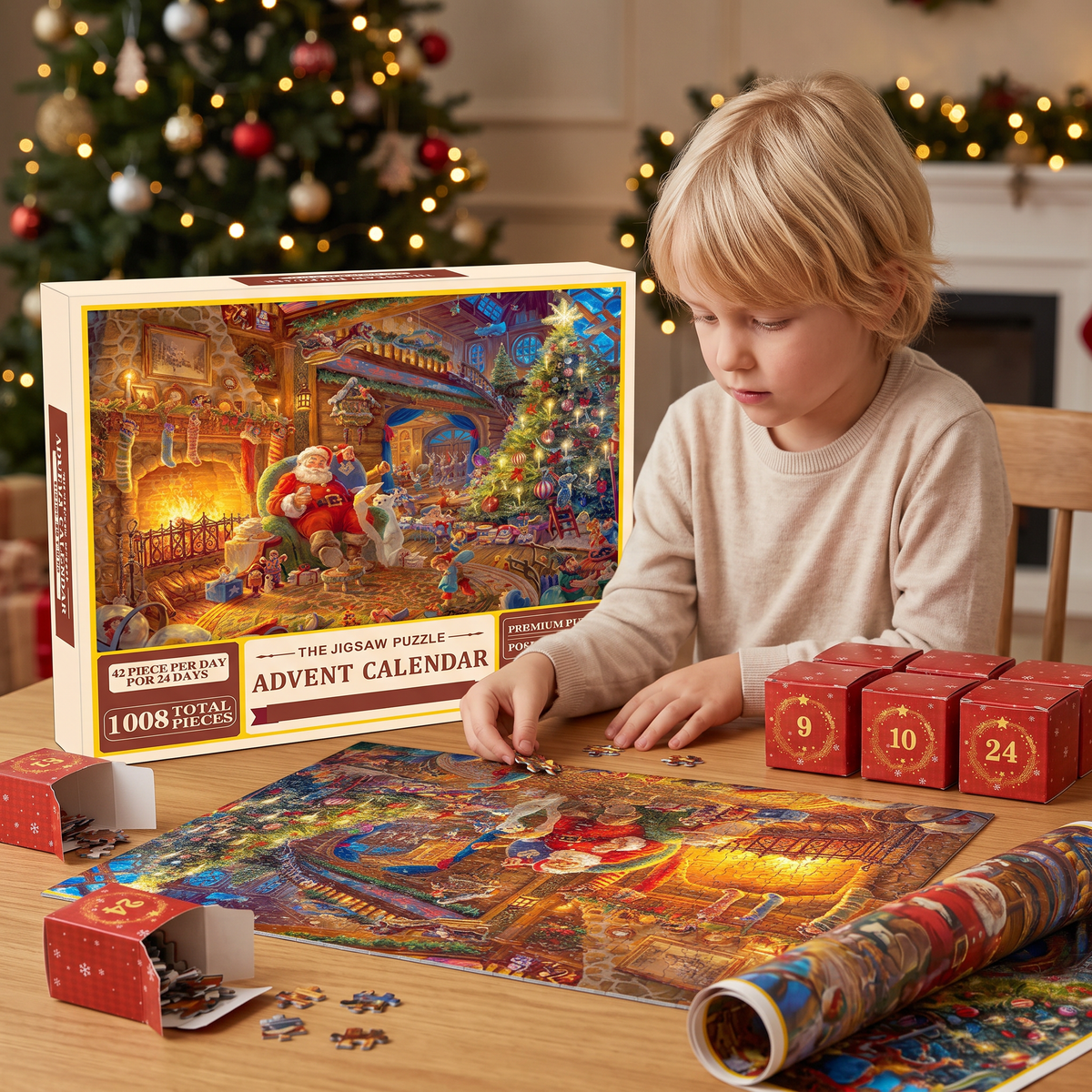 Julpussel Adventskalender med Julmotiv – 1008 Delar, 24-Dagars Nedräkning