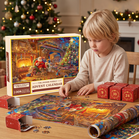 Julpussel Adventskalender med Julmotiv – 1008 Delar, 24-Dagars Nedräkning