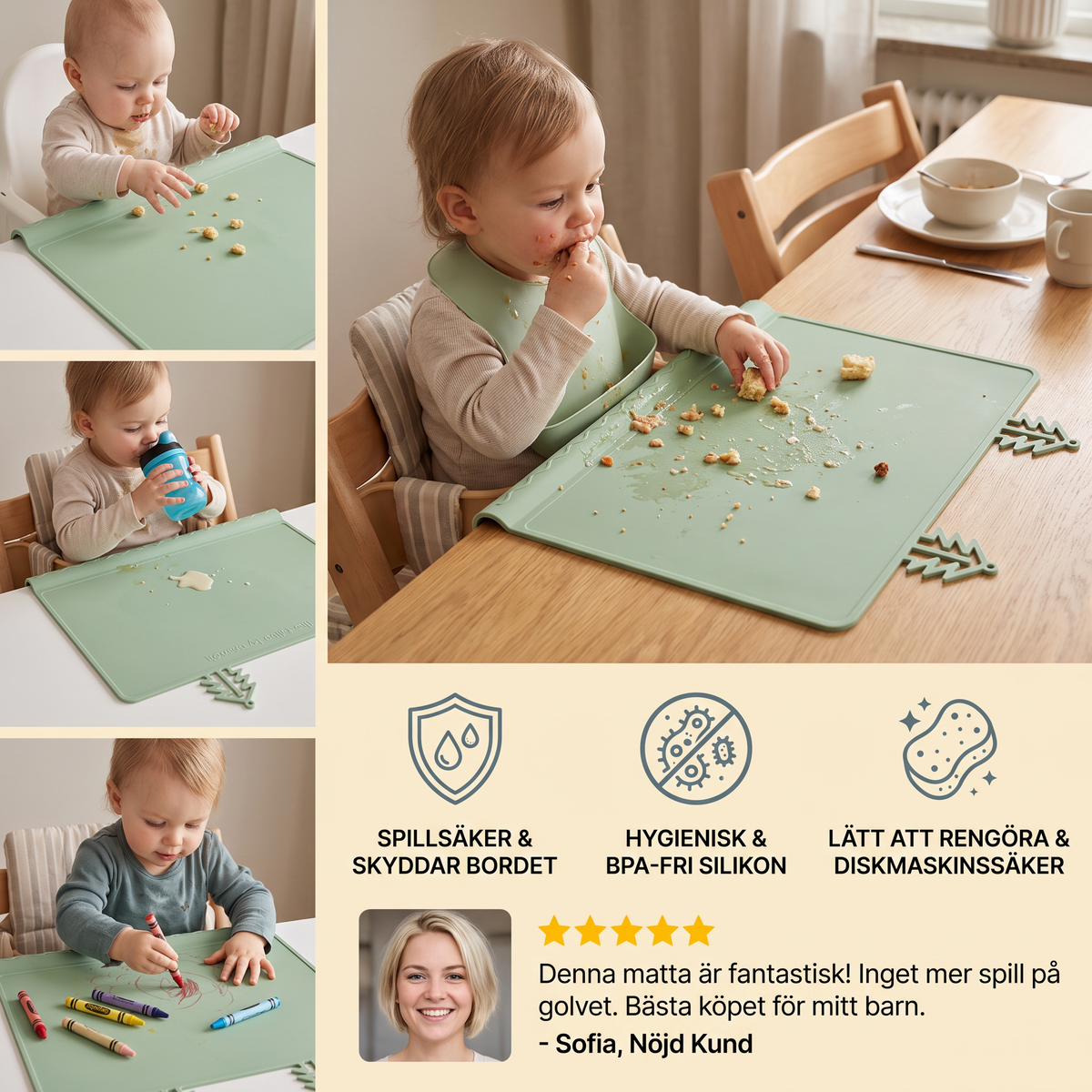 BabySafe Praktisk och Hygienisk Silikonunderlägg för Bebisar med Upphöjd Kant