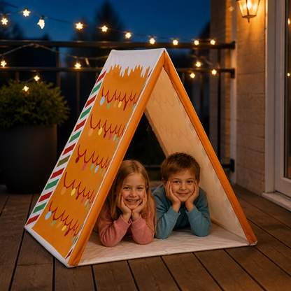Juligt pepparkakshuslekstält för barn