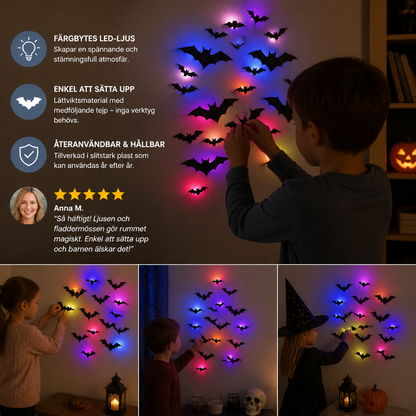 3D LED Halloween-fladdermusväggdekoration med färgskiftande ljus