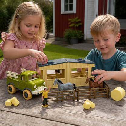 DIY-byggset med demonterbar bondgårdslastbil och häststall för barn