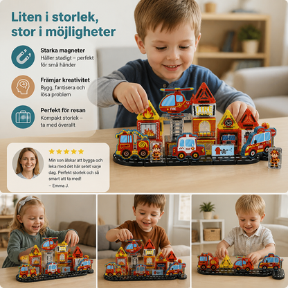 40-delat magnetiskt resebyggset med bygg-, brandbils- och polisfordon