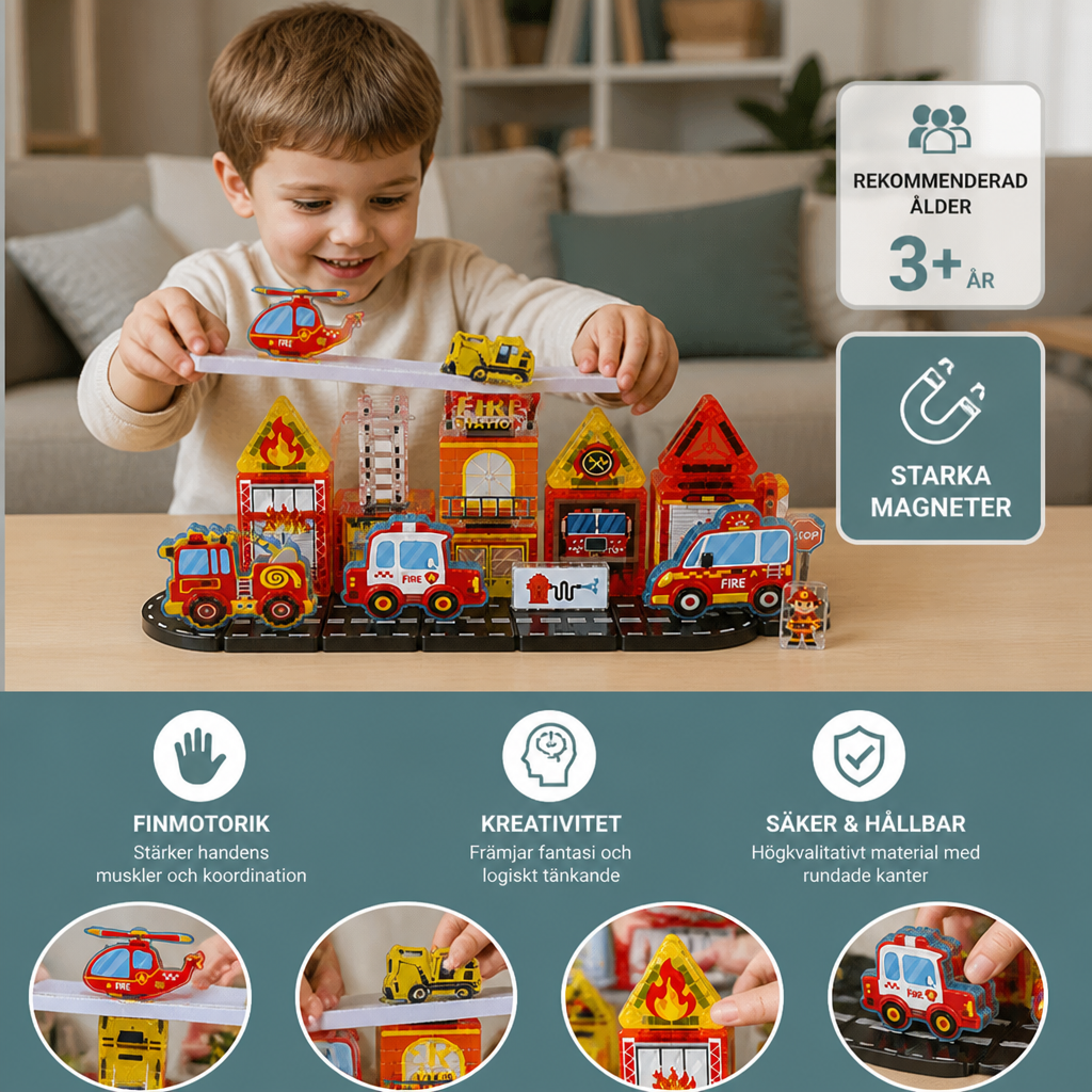 40-delat magnetiskt resebyggset med bygg-, brandbils- och polisfordon