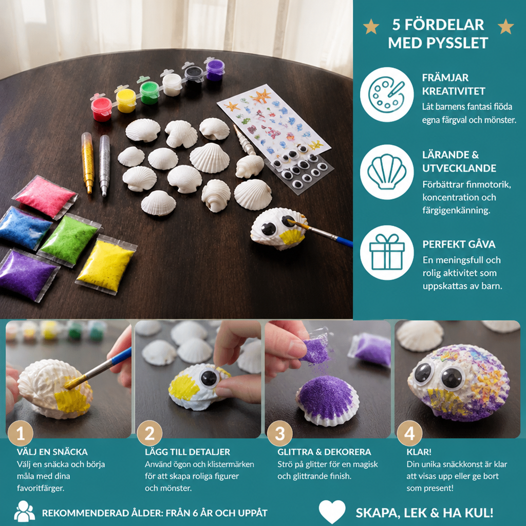Målnings- och pysselset med snäckskal som lyser i mörkret