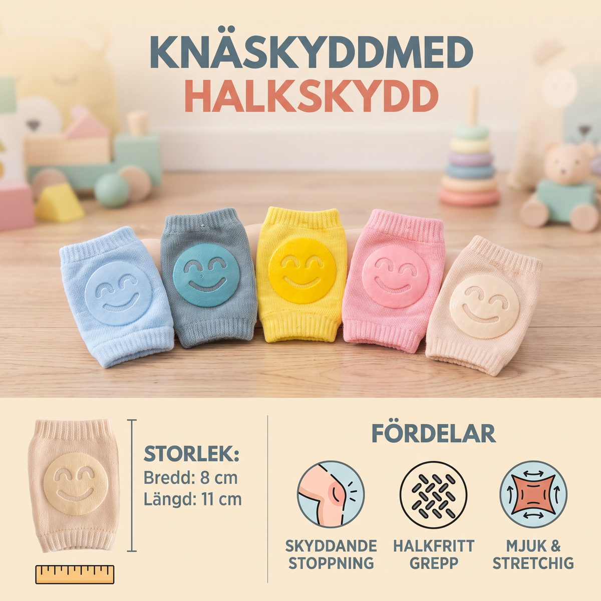 Knäskydd för bebisar – Halkskydd med glatt smiley-ansikte