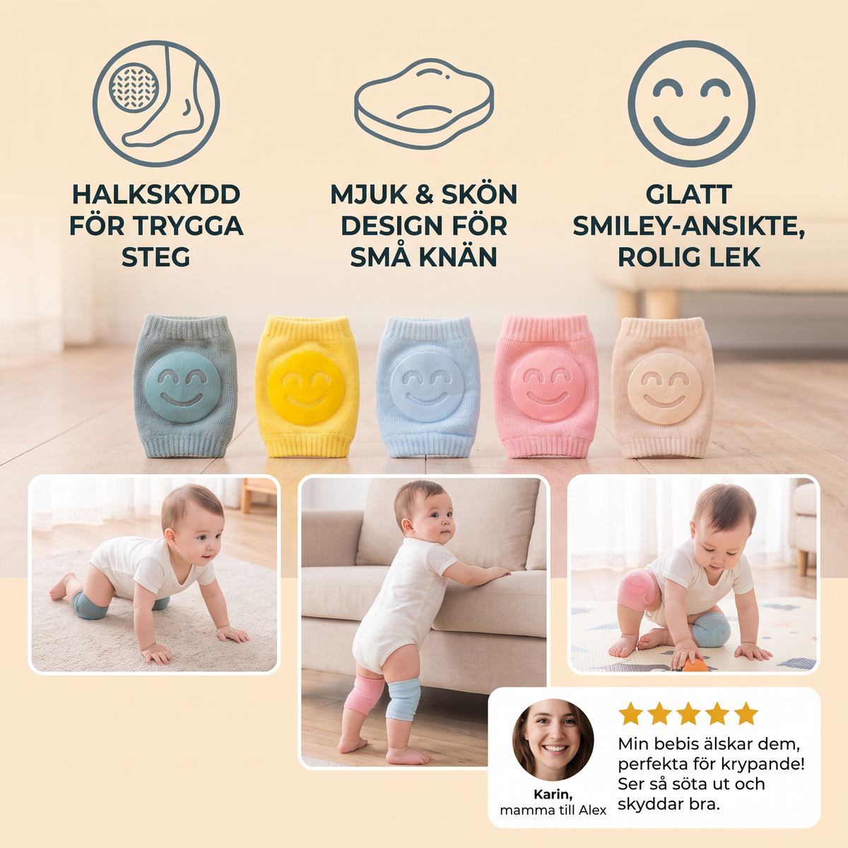 Knäskydd för bebisar – Halkskydd med glatt smiley-ansikte