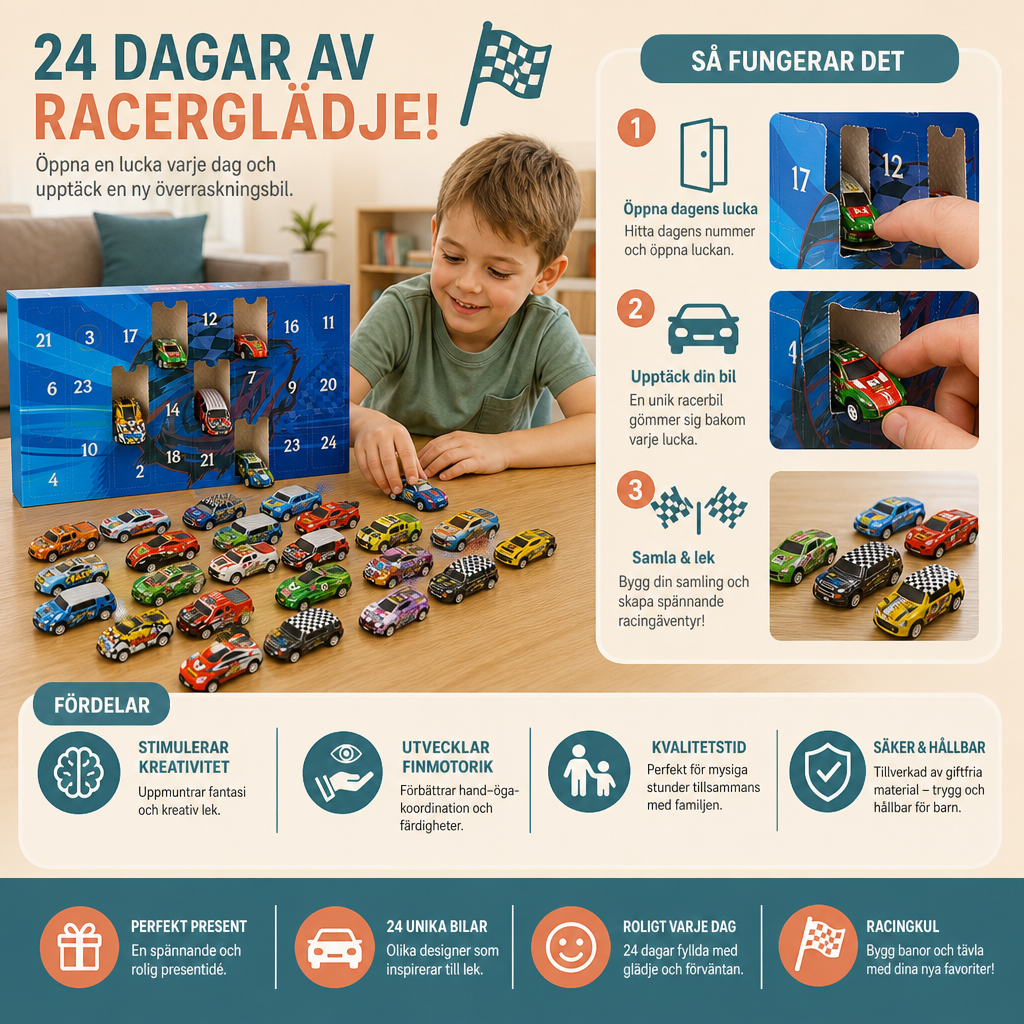 24-dagars adventskalender med racerbilar och överraskningsbilar