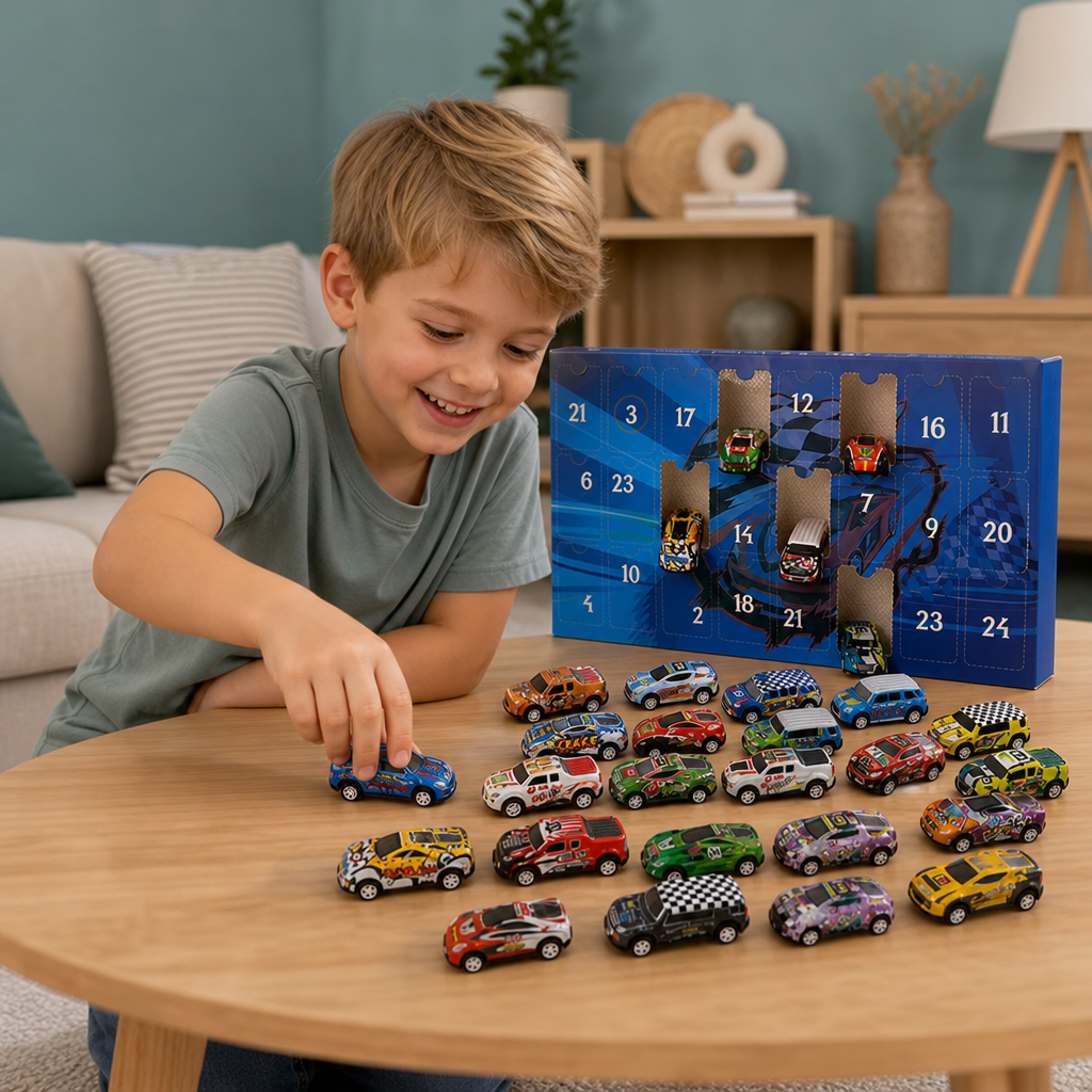 24-dagars adventskalender med racerbilar och överraskningsbilar