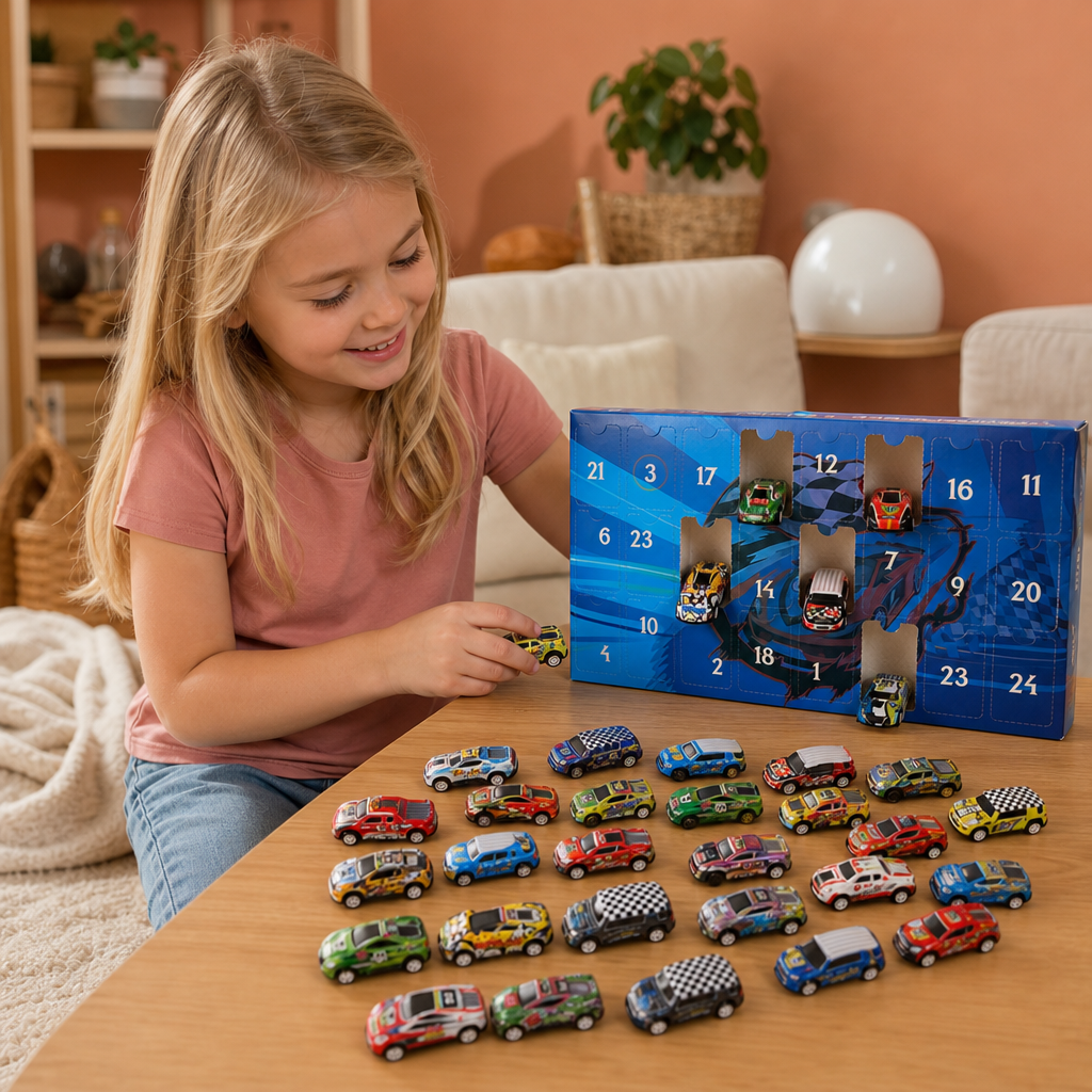 24-dagars adventskalender med racerbilar och överraskningsbilar