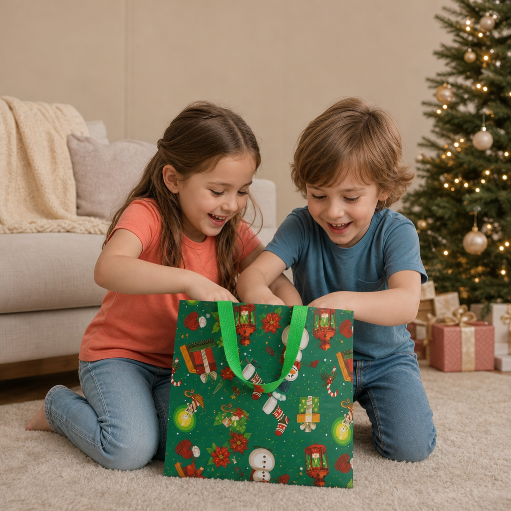 Återanvändbara Julklappspåsar Med Handtag – Olika Festliga Mönster