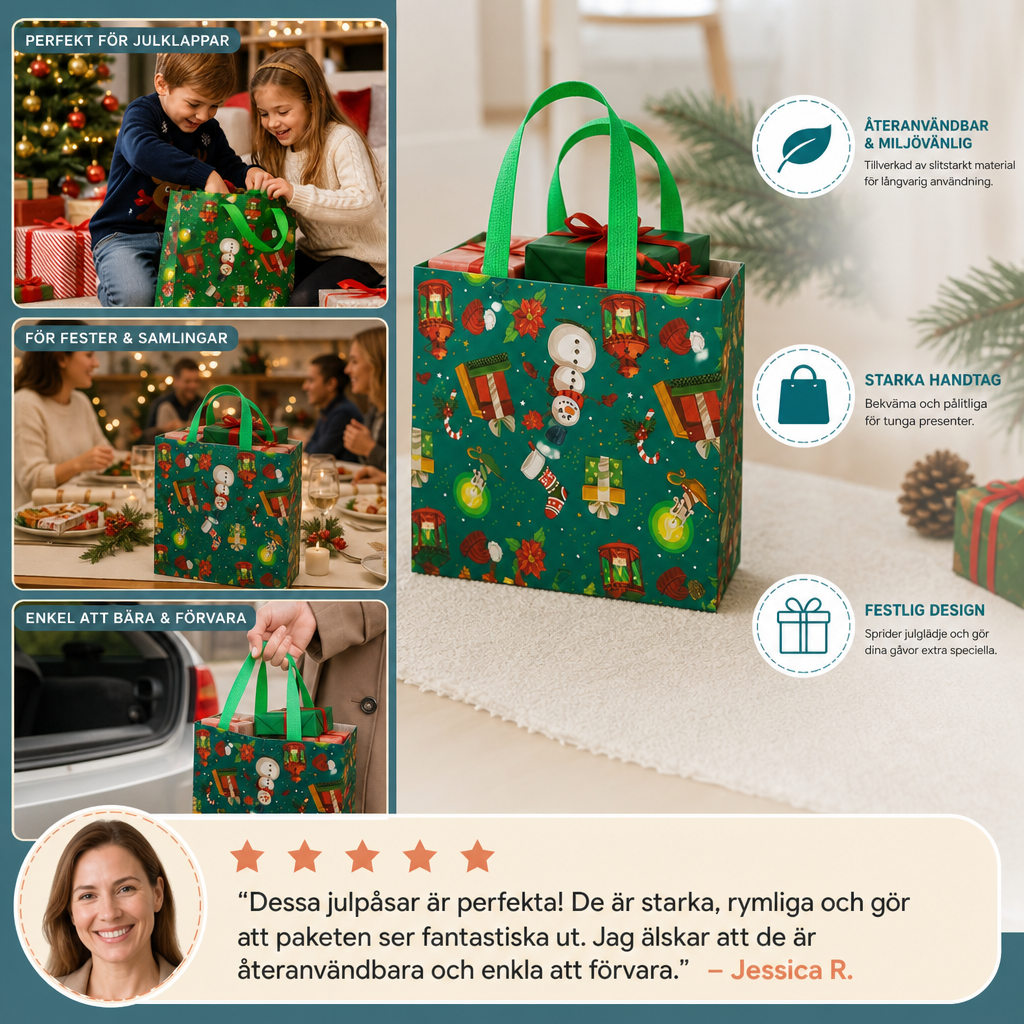 Återanvändbara Julklappspåsar Med Handtag – Olika Festliga Mönster