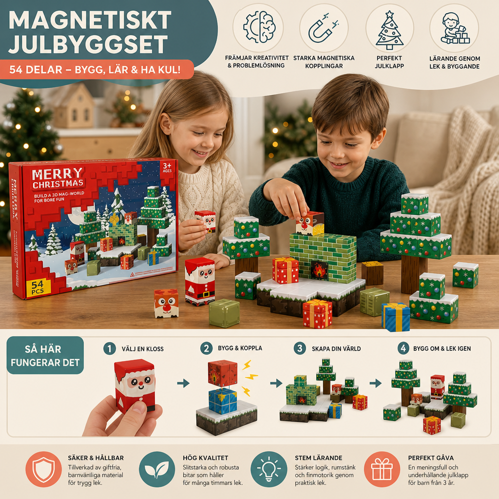 Magnetiskt julbyggset med 54 delar – Festlig pedagogisk byggleksak för julen