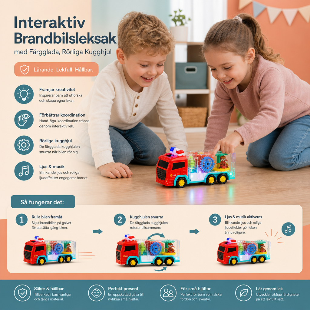 Interaktiv Brandbilsleksak med Färgglada, Rörliga Kugghjul