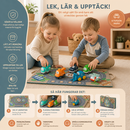 Leksaksset med lastbilar och bilar för småbarn med lekmatta och förvaringsväska