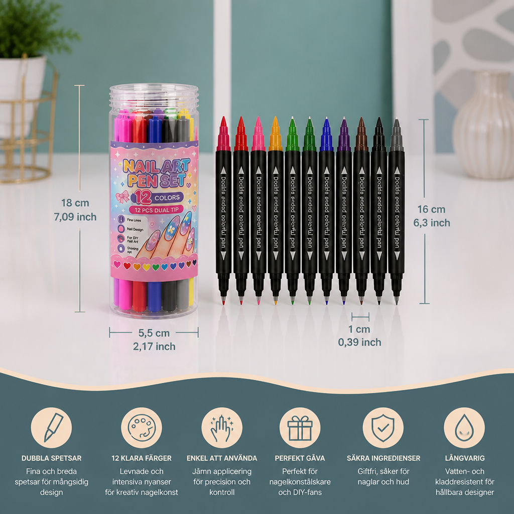Set med 12 Nagelpennor med Dubbla Spetsar – Fina Detaljer och Kreativa Designer