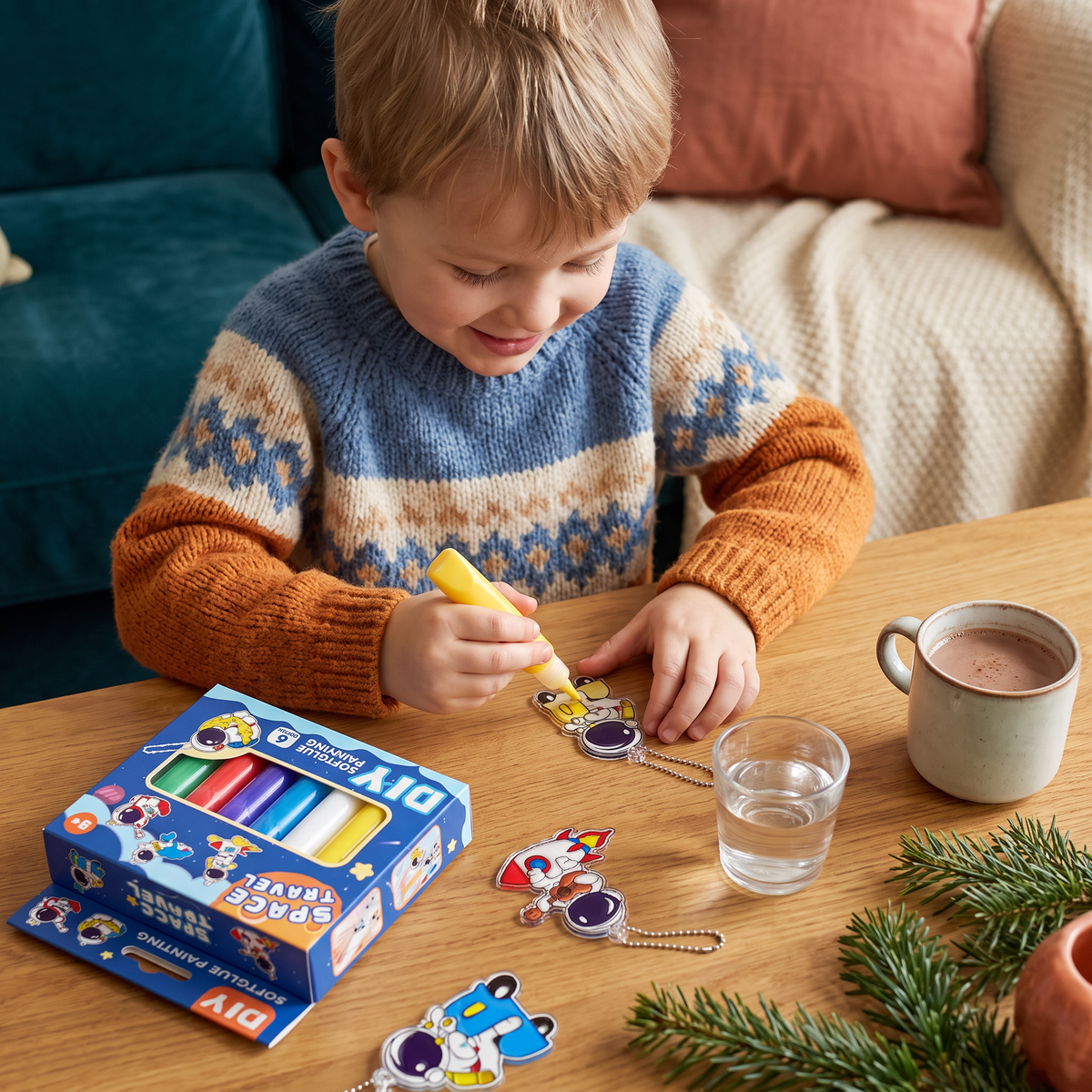 DIY-julpysselset för barn för att måla juldekorationer utan lim eller bakning