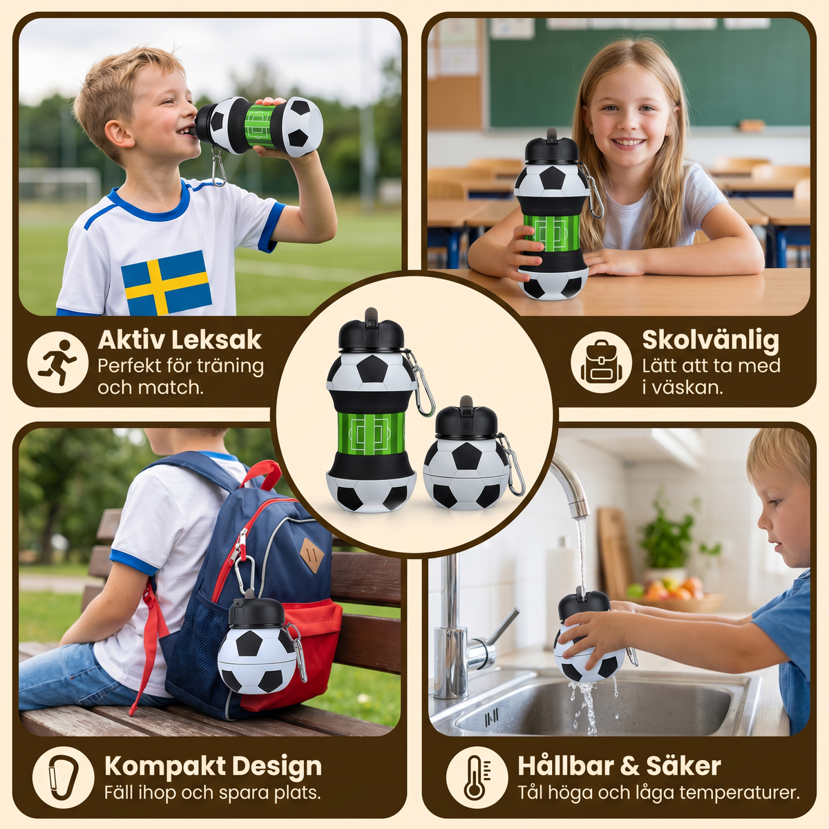 Fällbar och slitstark fotbollsflaska i silikon