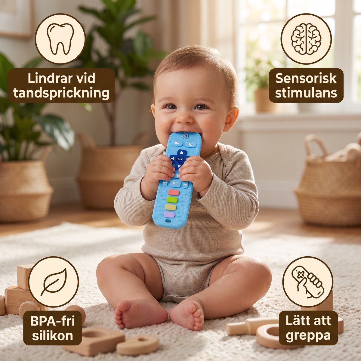 Bitring för bebisar i form av en fjärrkontroll av silikon – BPA-fri sensorisk tuggleksak