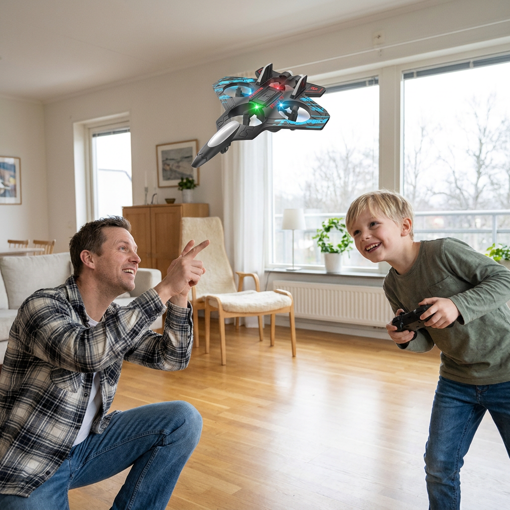 Tålig RC-drönare i skum med stridsflygplansdesign för flygning inomhus och utomhus – 360°-volter och LED-lampor