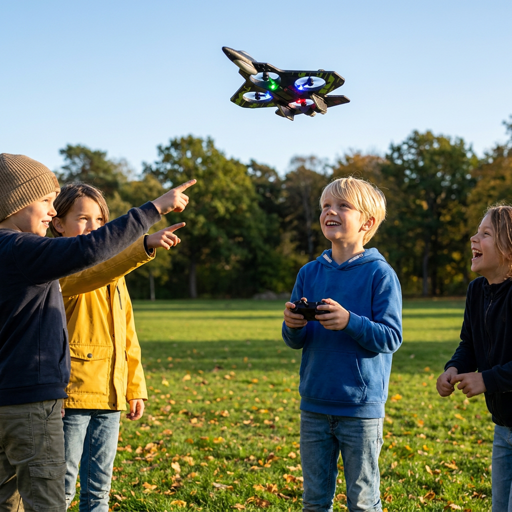 Tålig RC-drönare i skum med stridsflygplansdesign för flygning inomhus och utomhus – 360°-volter och LED-lampor
