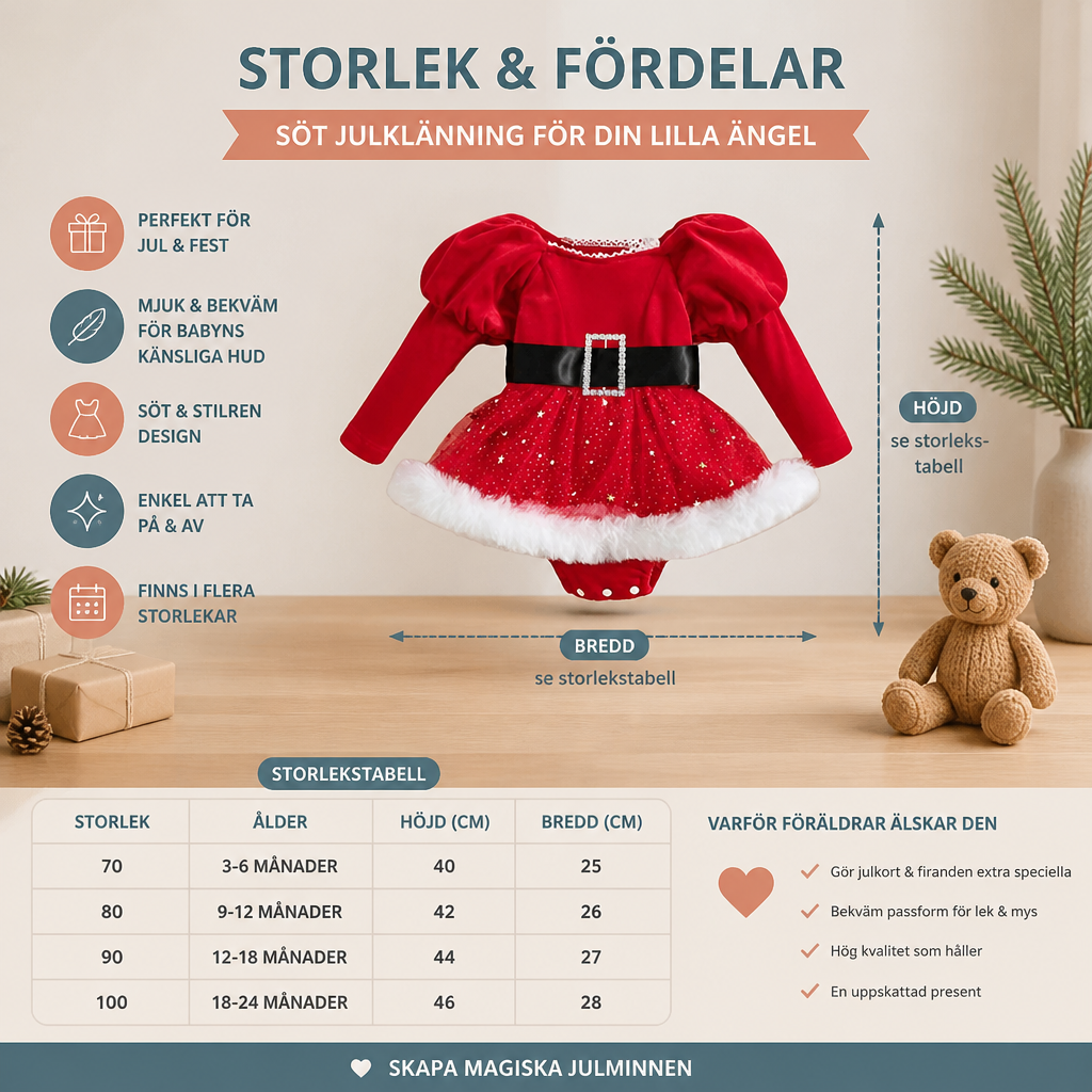 Babyklänning med Långa Ärmar och Inbyggd Body för Flickans Första Jul
