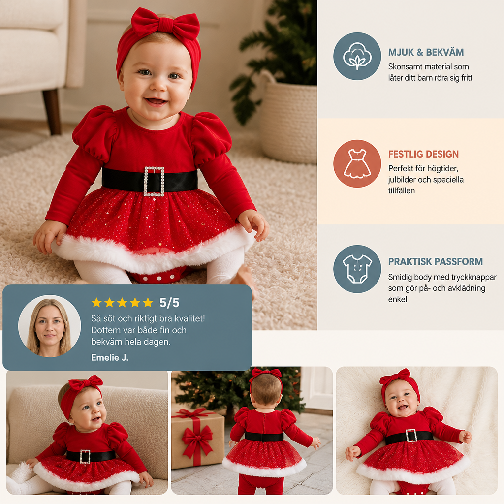 Babyklänning med Långa Ärmar och Inbyggd Body för Flickans Första Jul