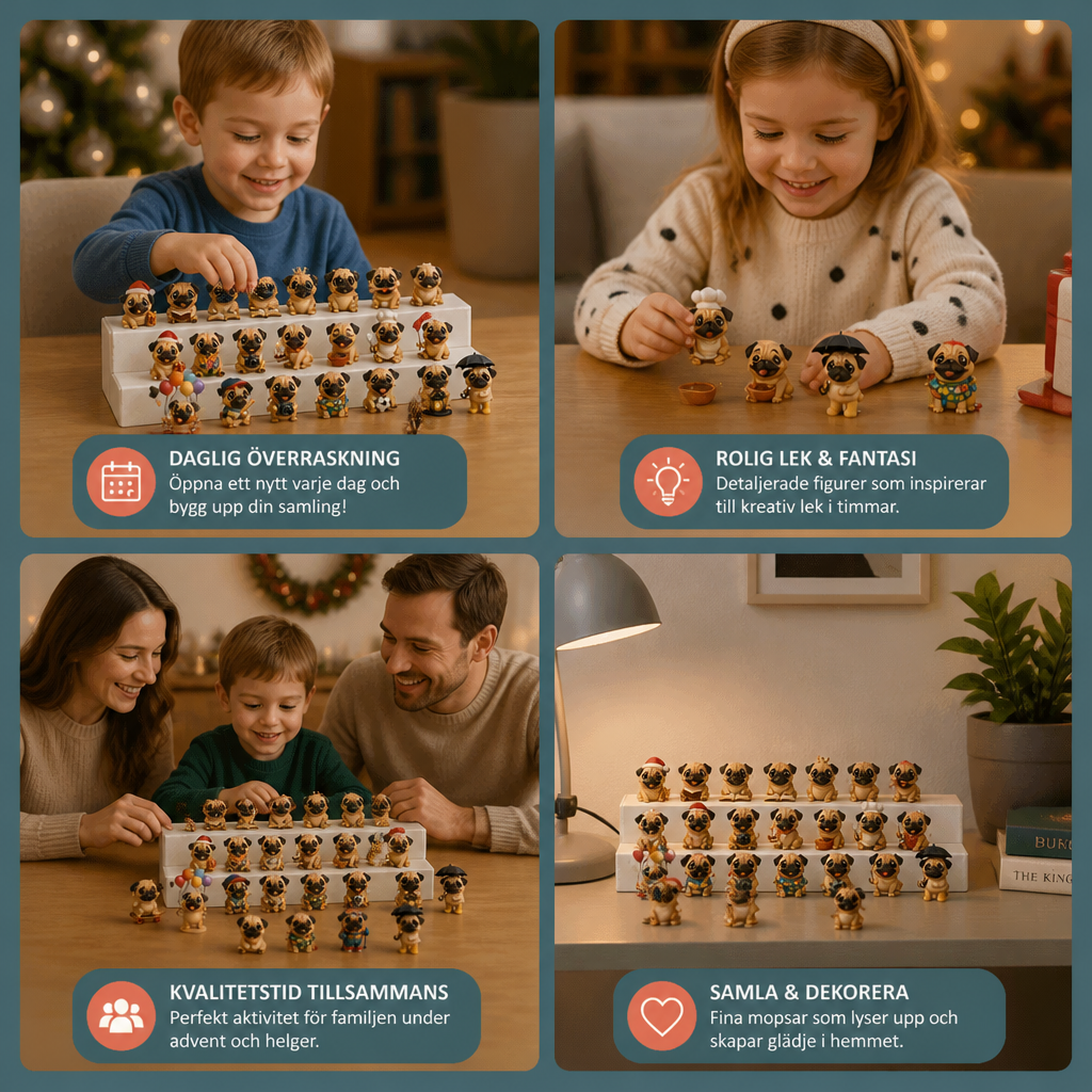 24-dagars adventskalender med mopsfigurer och överraskningar