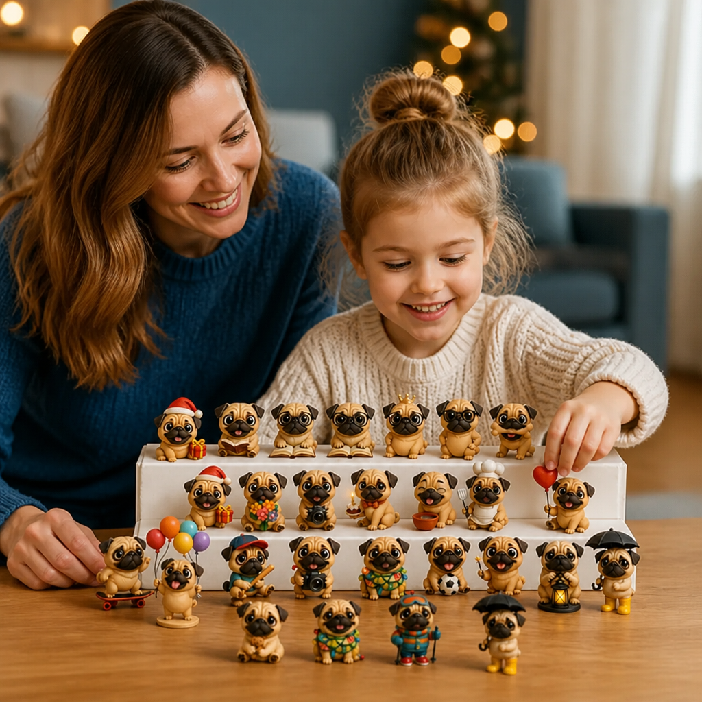 24-dagars adventskalender med mopsfigurer och överraskningar