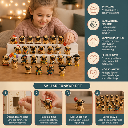 24-dagars adventskalender med mopsfigurer och överraskningar