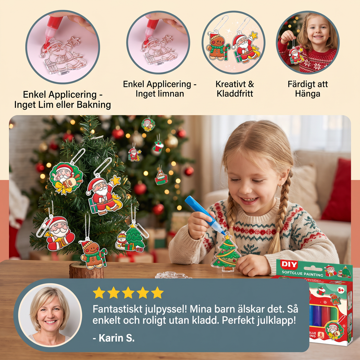 DIY-julpysselset för barn för att måla juldekorationer utan lim eller bakning