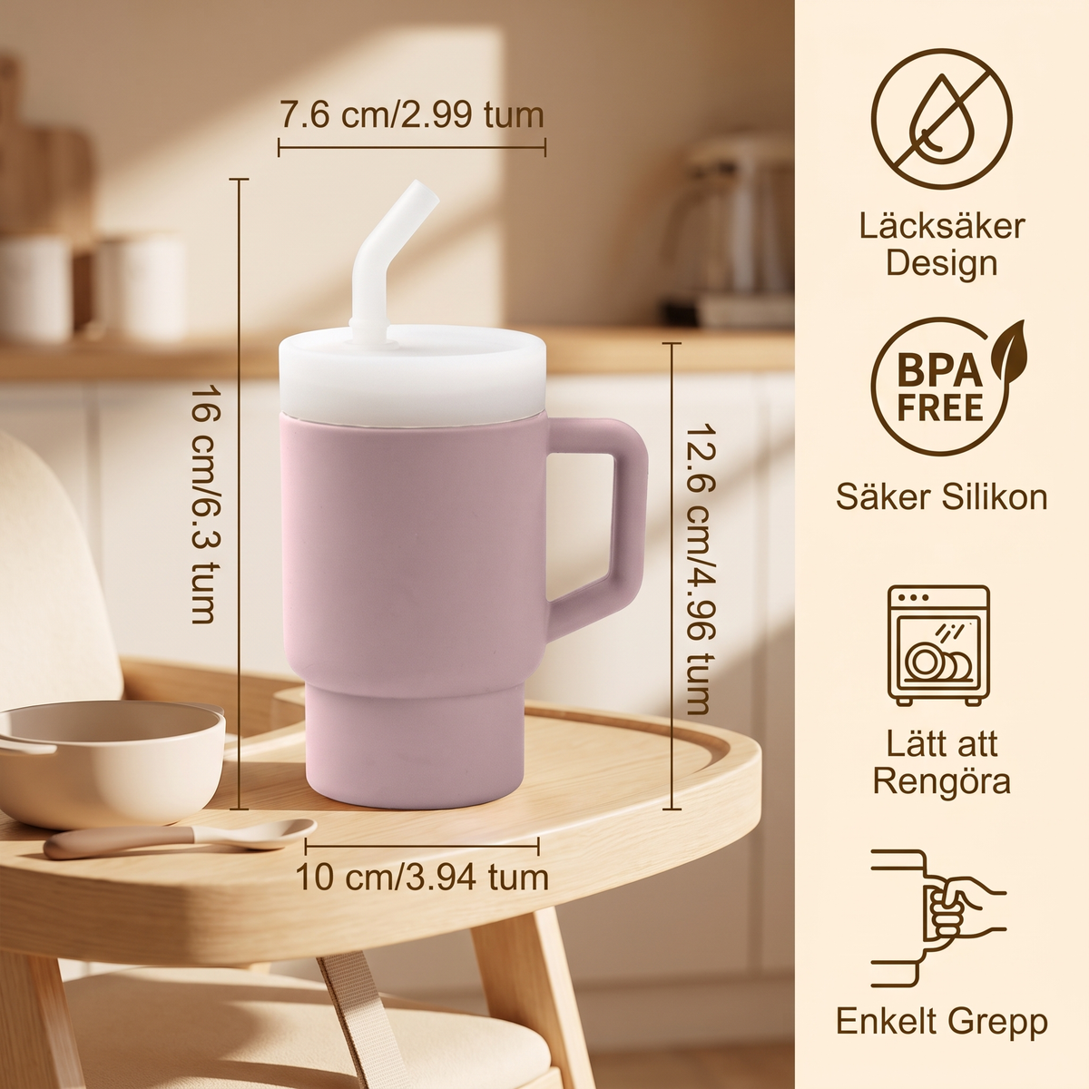 Läcksäker silikonmugg med sugrör för småbarn