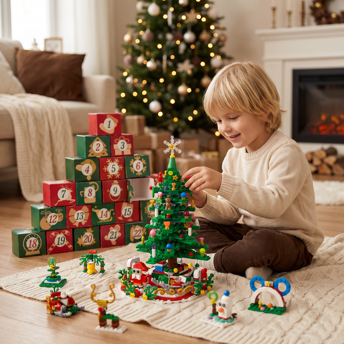 Adventskalender med byggklossar i form av en julgran för barn