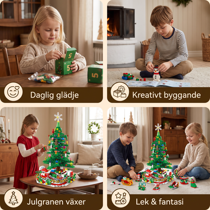 Adventskalender med byggklossar i form av en julgran för barn