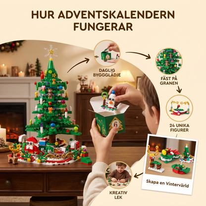 Adventskalender med byggklossar i form av en julgran för barn