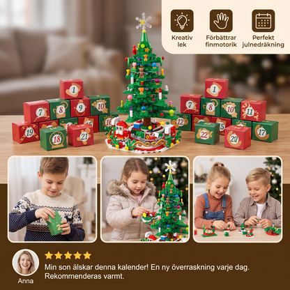 Adventskalender med byggklossar i form av en julgran för barn
