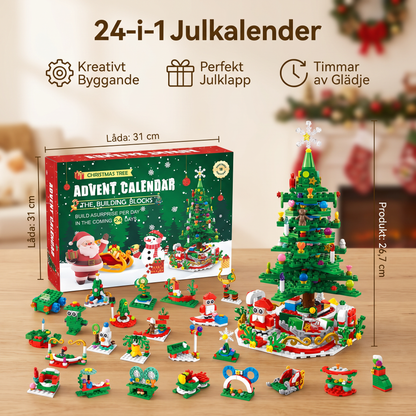 Adventskalender med byggklossar i form av en julgran för barn
