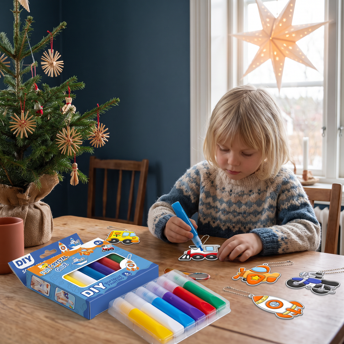 DIY-julpysselset för barn för att måla juldekorationer utan lim eller bakning